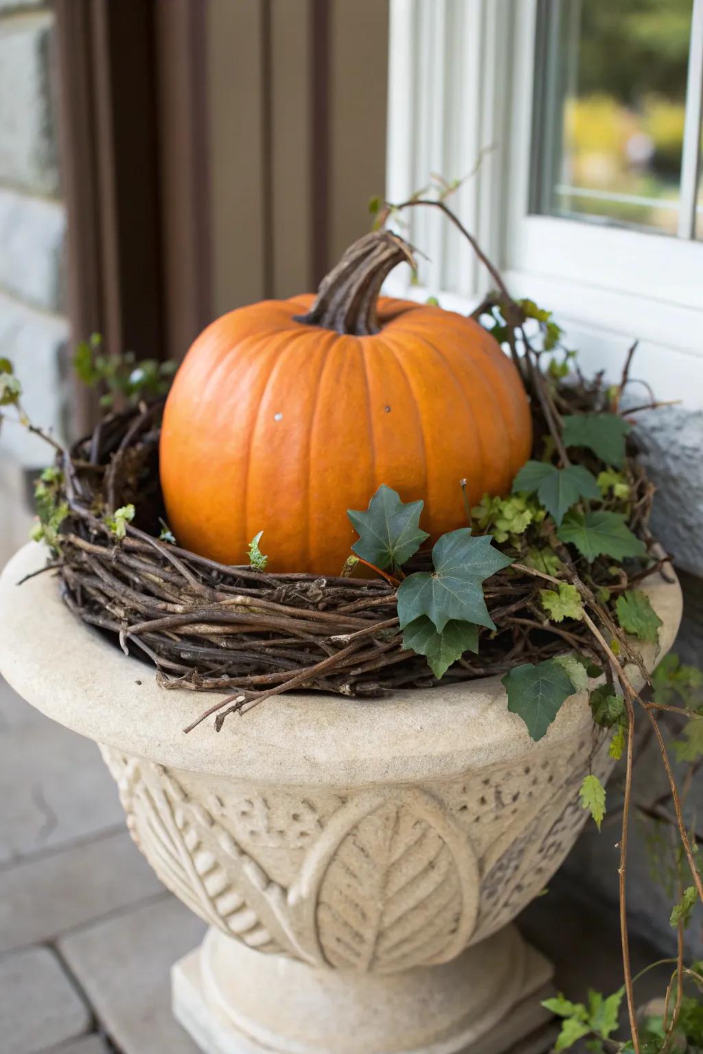 A vine festoon supports a rustic base for gourd designs.