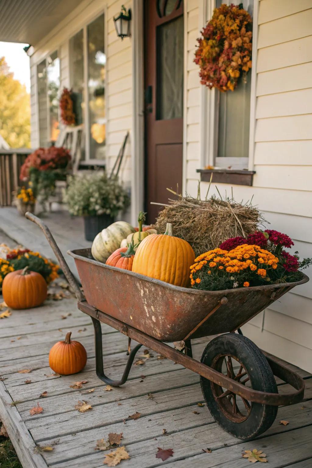 An antique barrow contributes a charming rustic accent to the fall entryway.