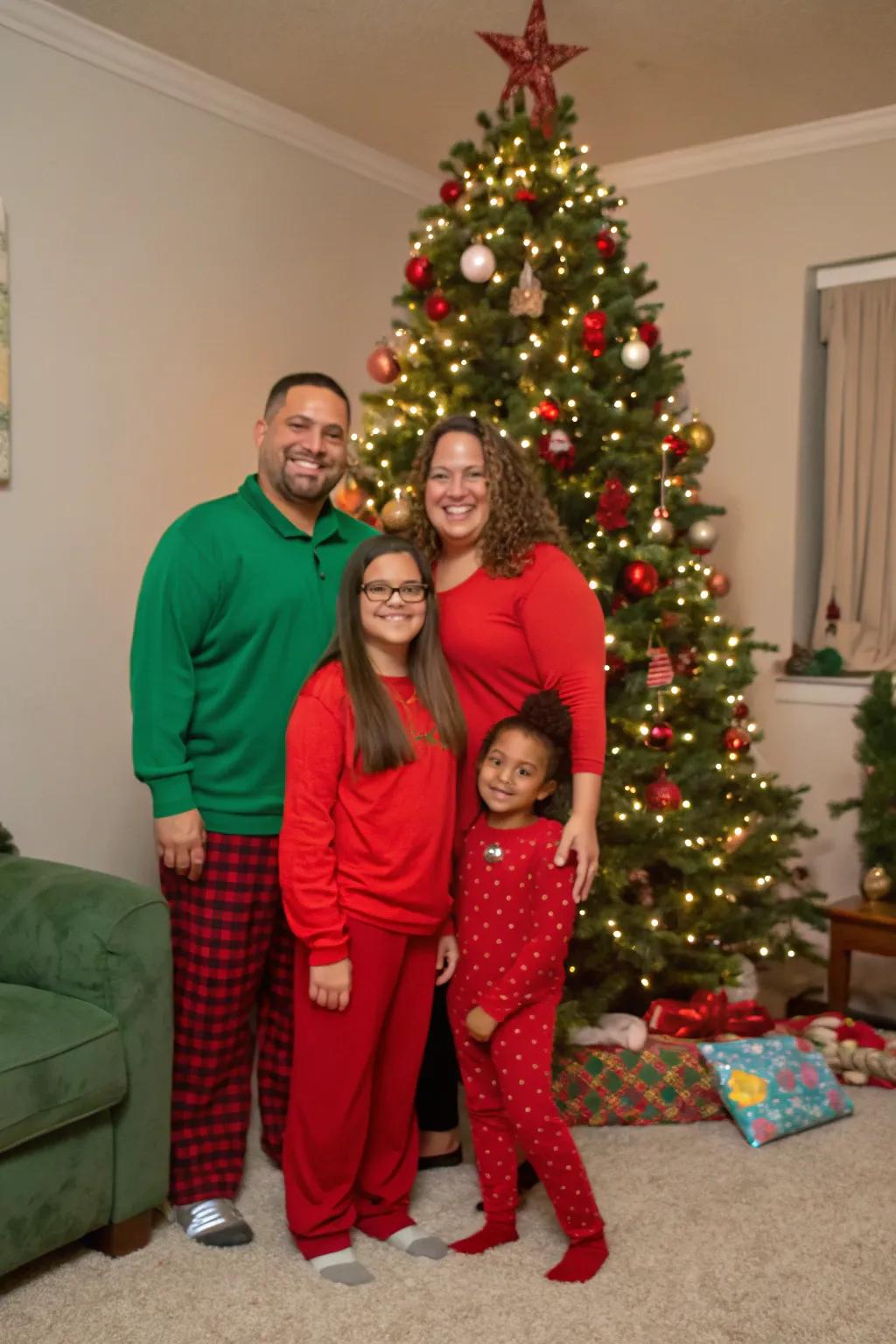 Embrace the timeless Christmas colors with a family dressed in red and green.