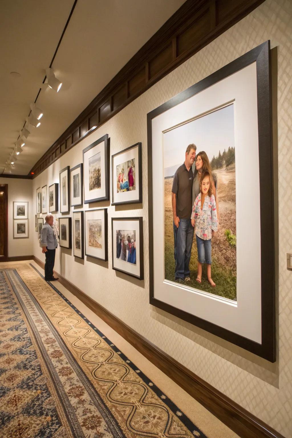 Photo wall featuring enlarged borders for a dramatic impact.
