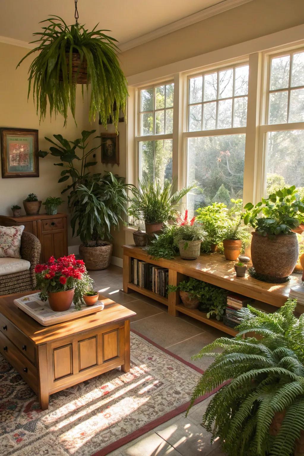 A family room filled with the freshness of indoor plants.