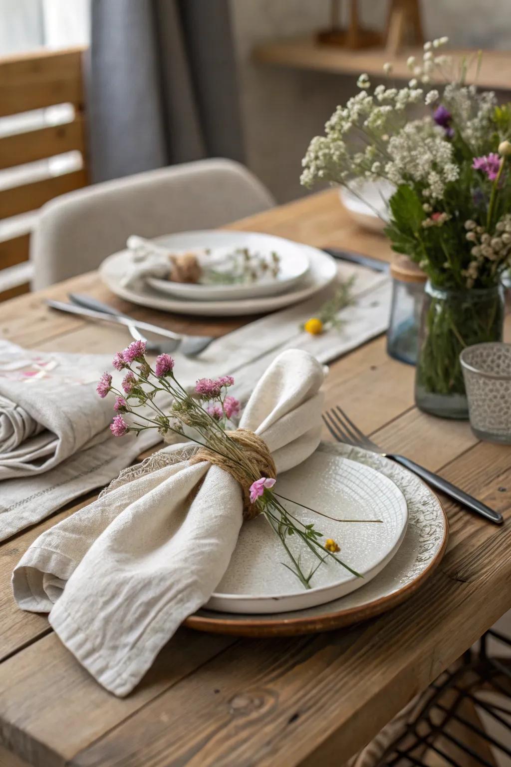 Bended napkins offer rustic charm and simplicity.