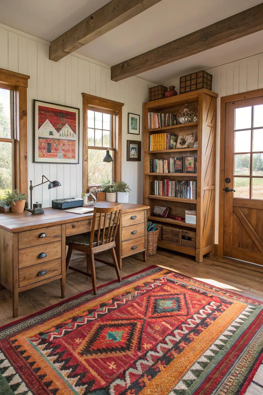 A notable rug introducing dynamic coloration and tactile elements.