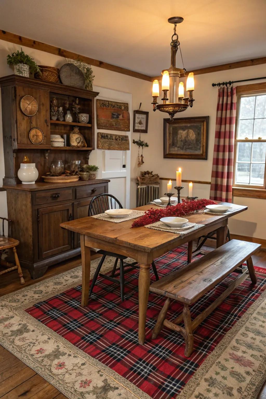 Patterned rugs offer a cozy and welcoming touch to dining spaces.
