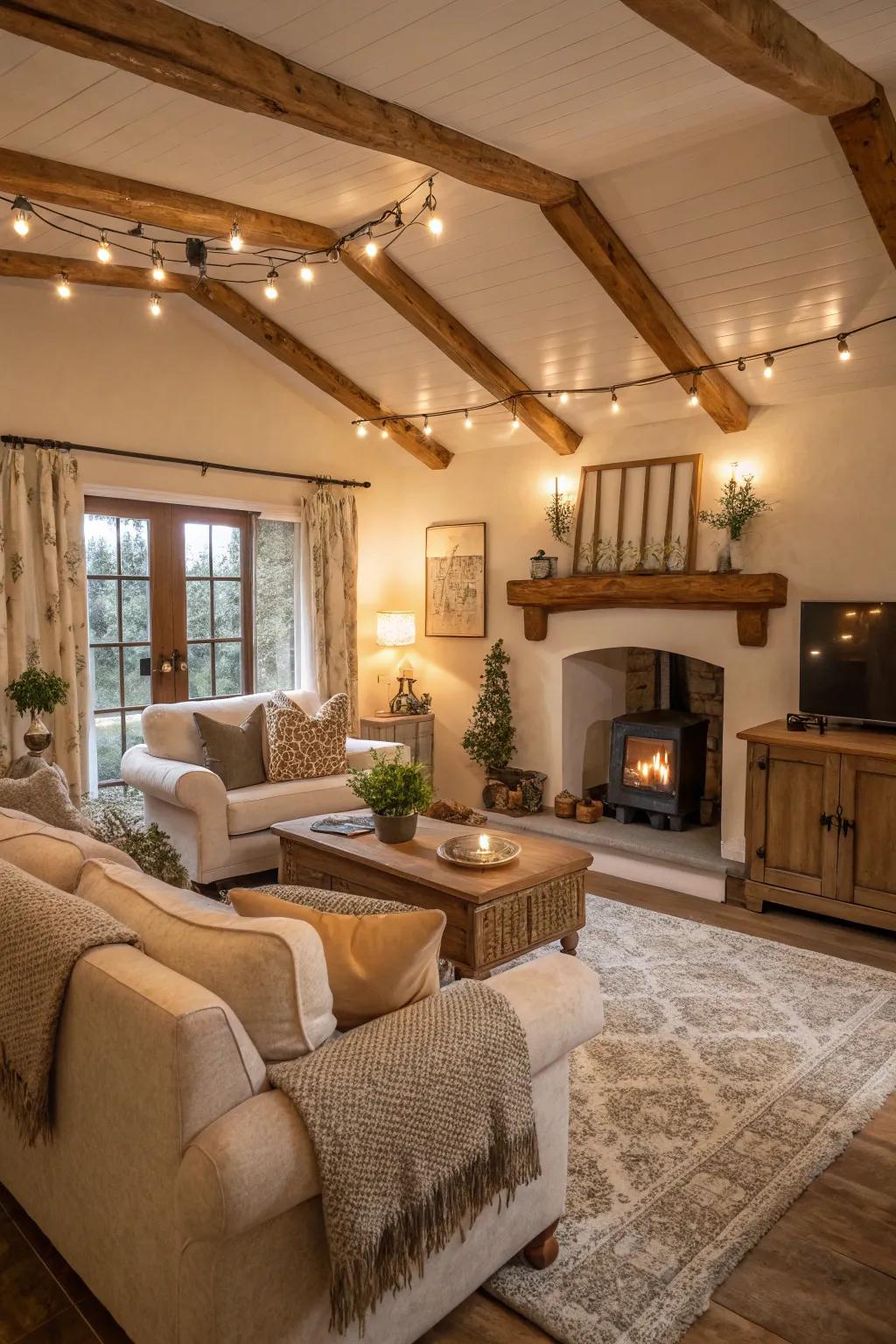 Warm tones on the ceiling enhance the inviting atmosphere of this farmhouse sitting room.