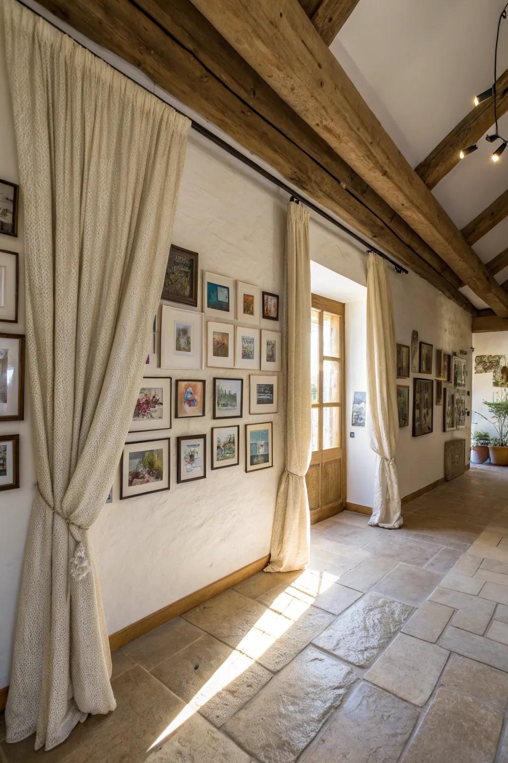 Curtains framing a gallery wall in a farmhouse interior.
