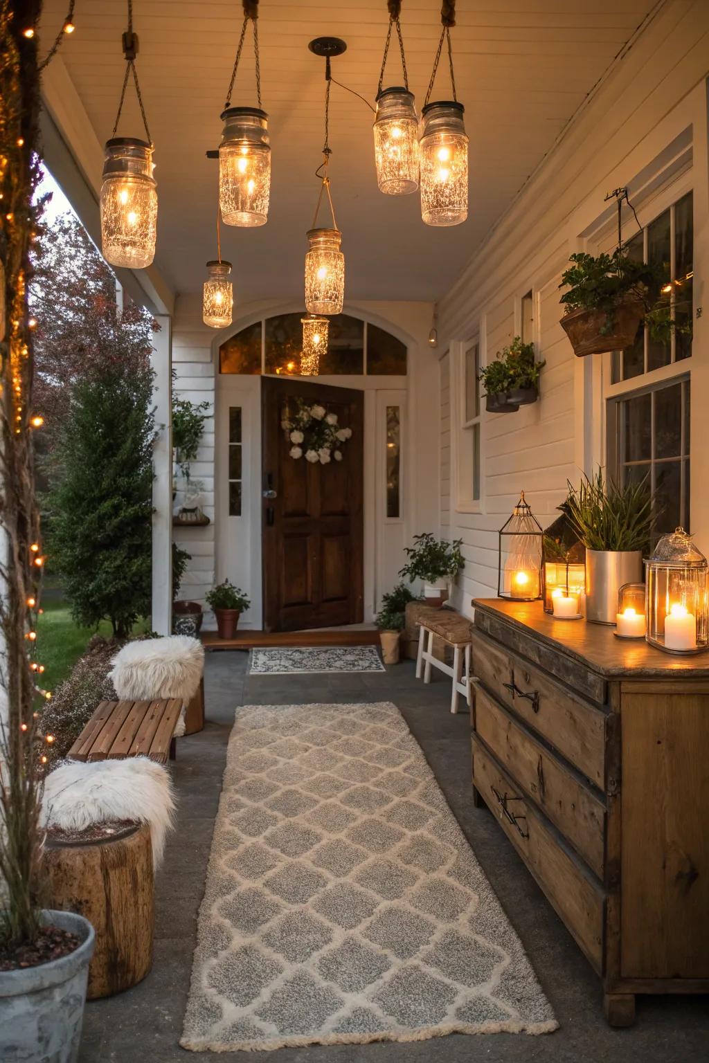 A farmhouse entryway illuminated with charming glass jar lighting.