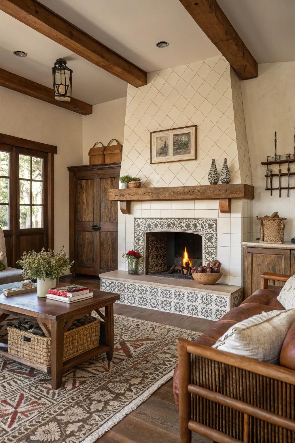 Striking full-length tiles make this farmhouse fireplace.