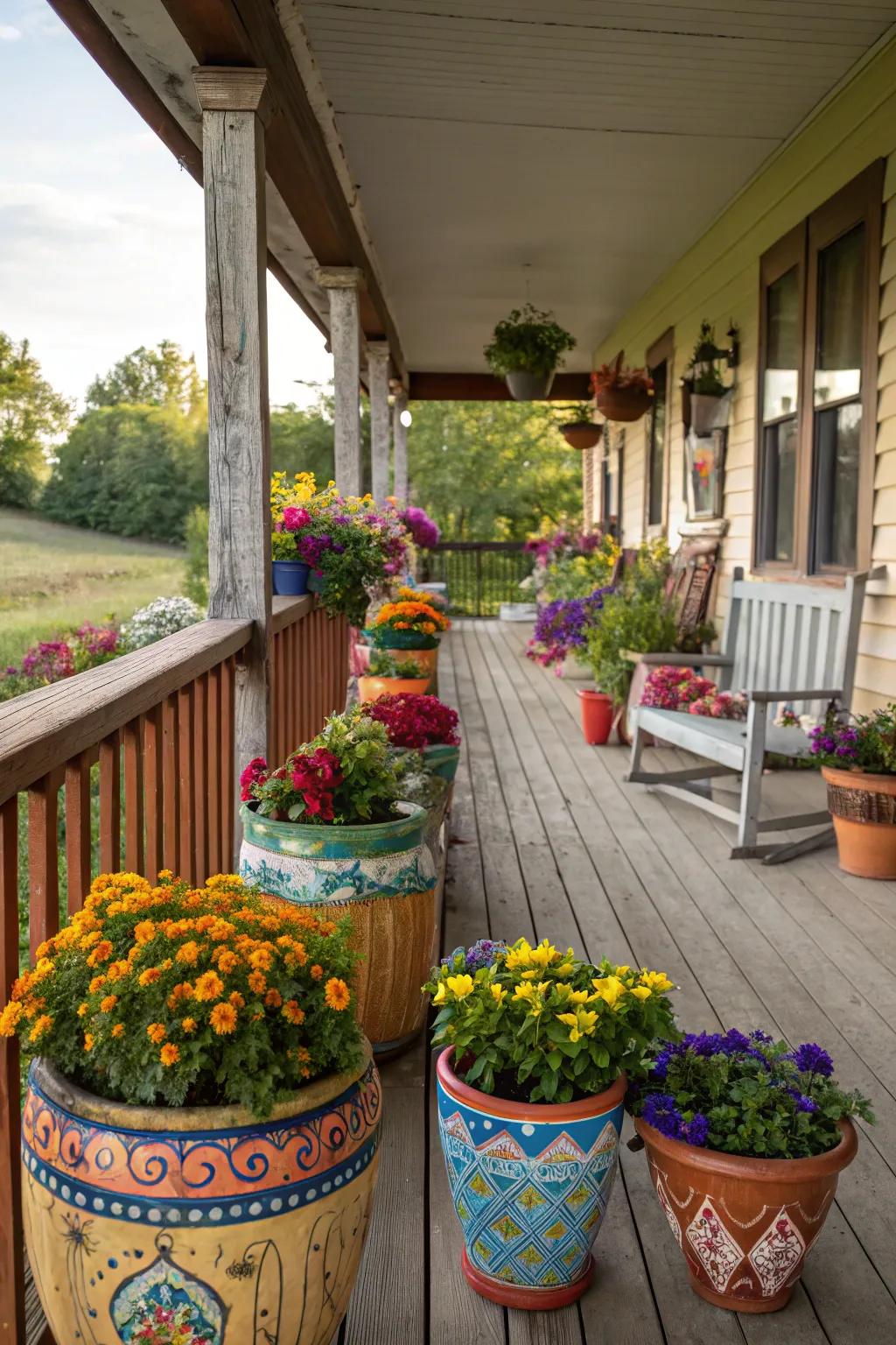 Colorful pottery brings a vibrant and cheerful touch to the decor.