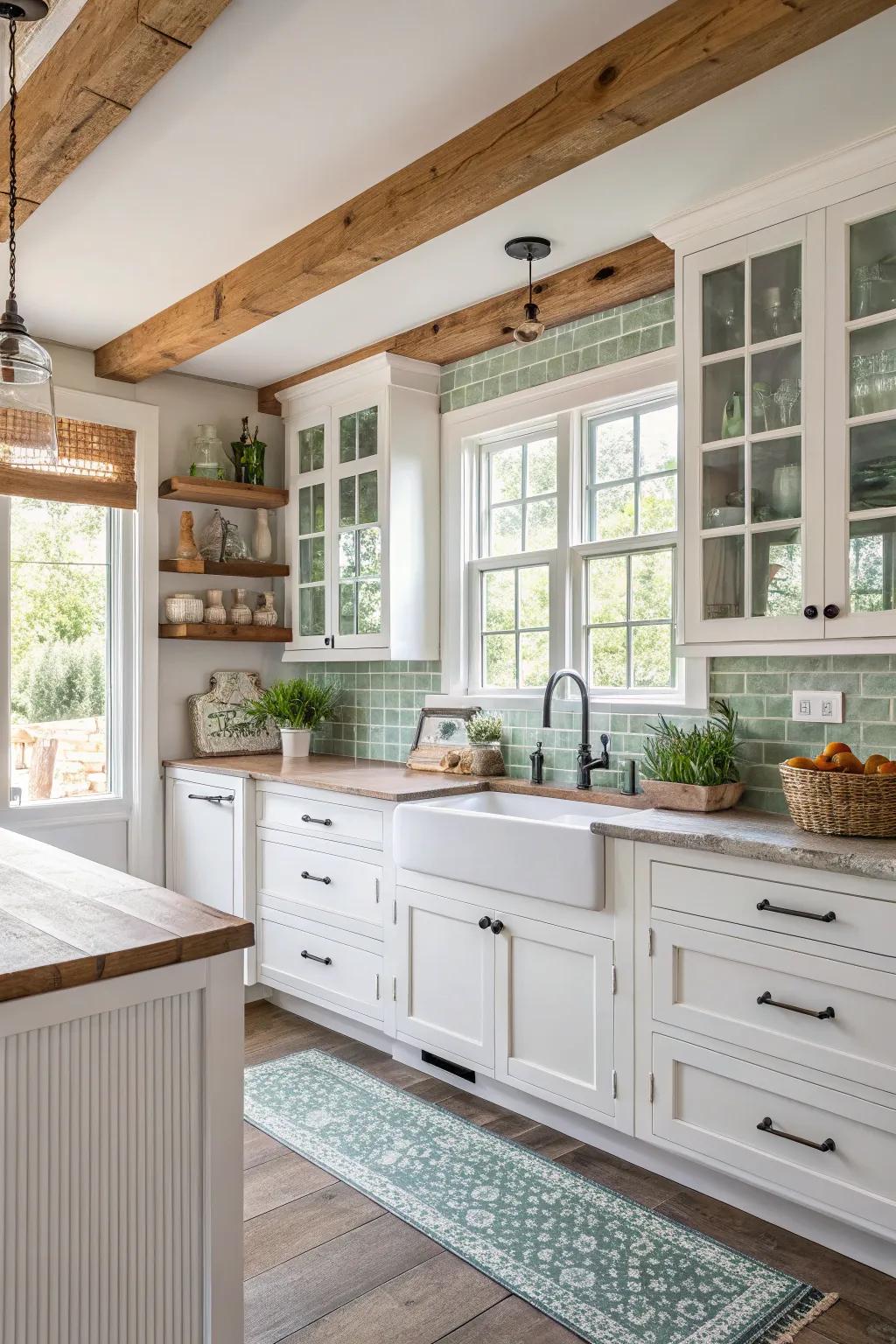 Reflective glass pieces enhance the brightness in this inviting farmhouse kitchen.