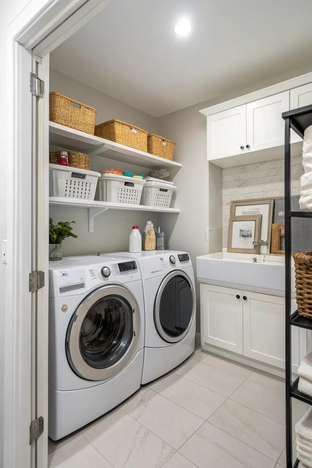 A practical layout with side-by-side appliances improves efficiency in this laundry area.