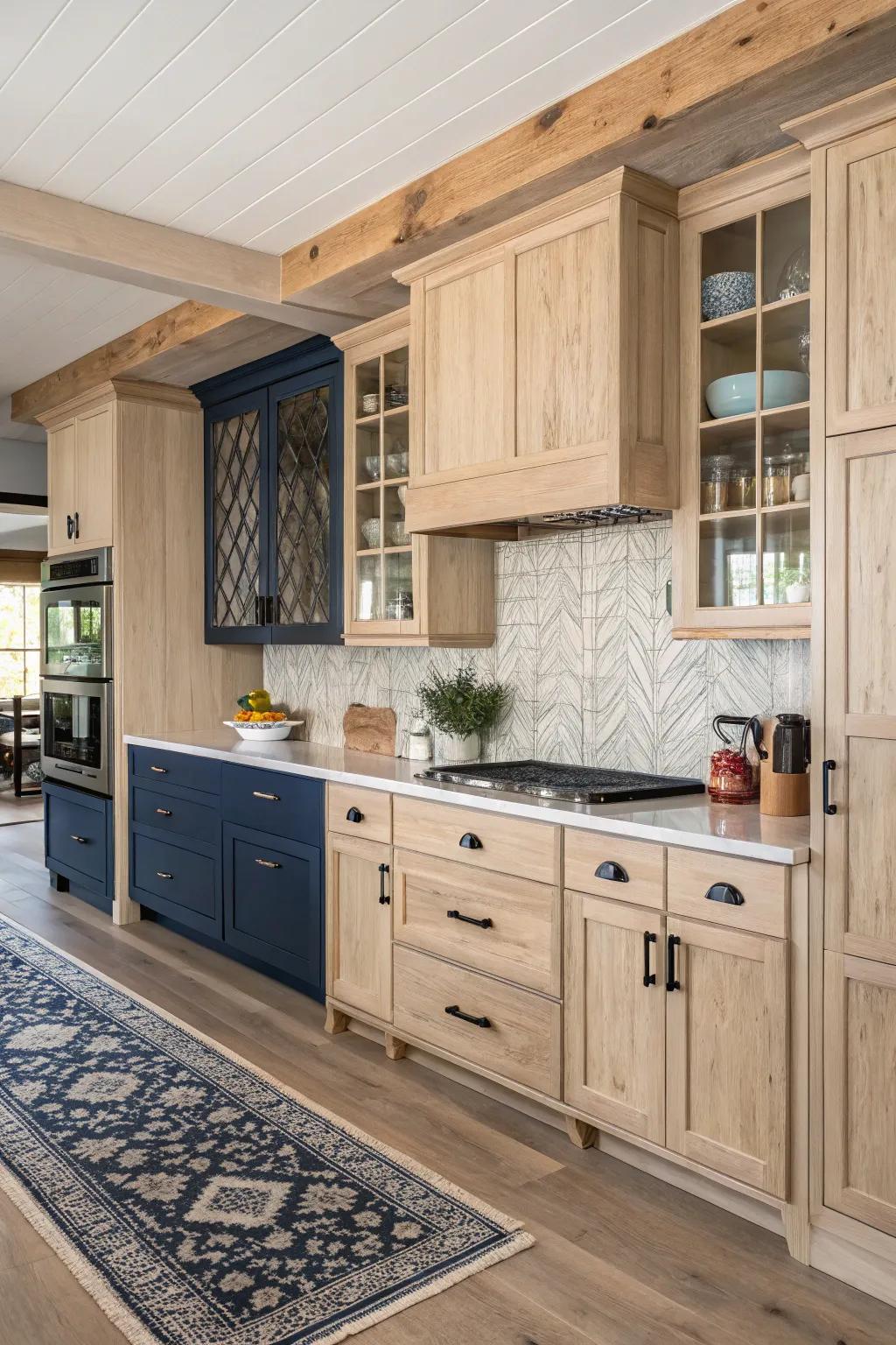 A two-tone technique with pale timber and navy develops a fashionable cooking area.