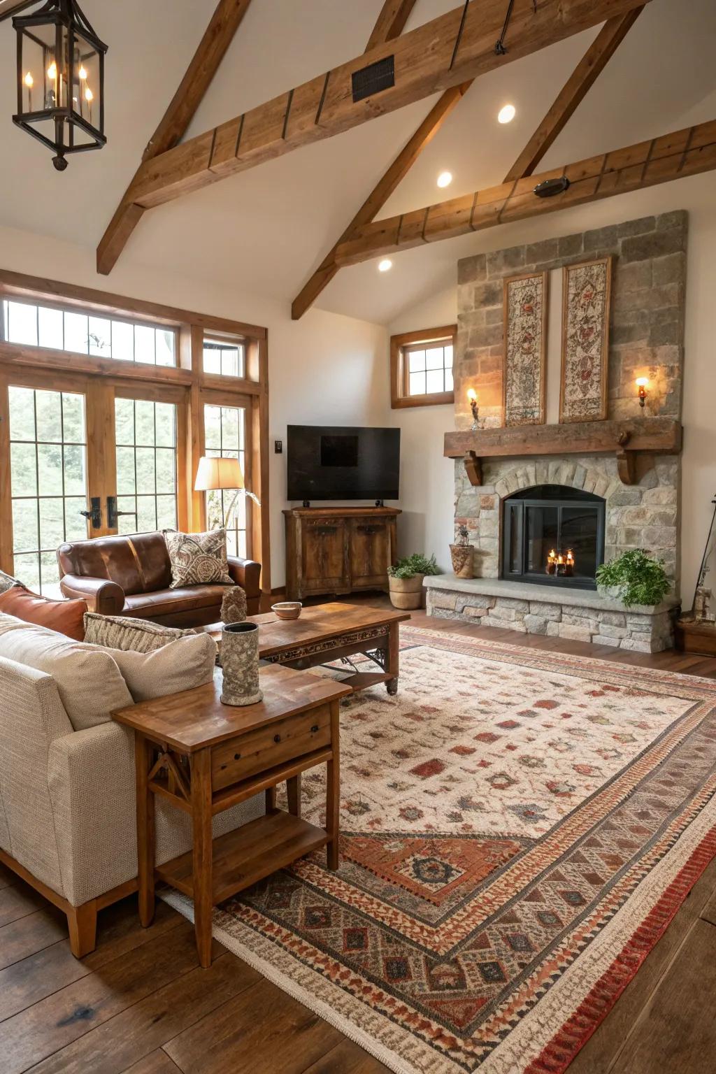 Layered floor coverings add texture and help delineate spaces.