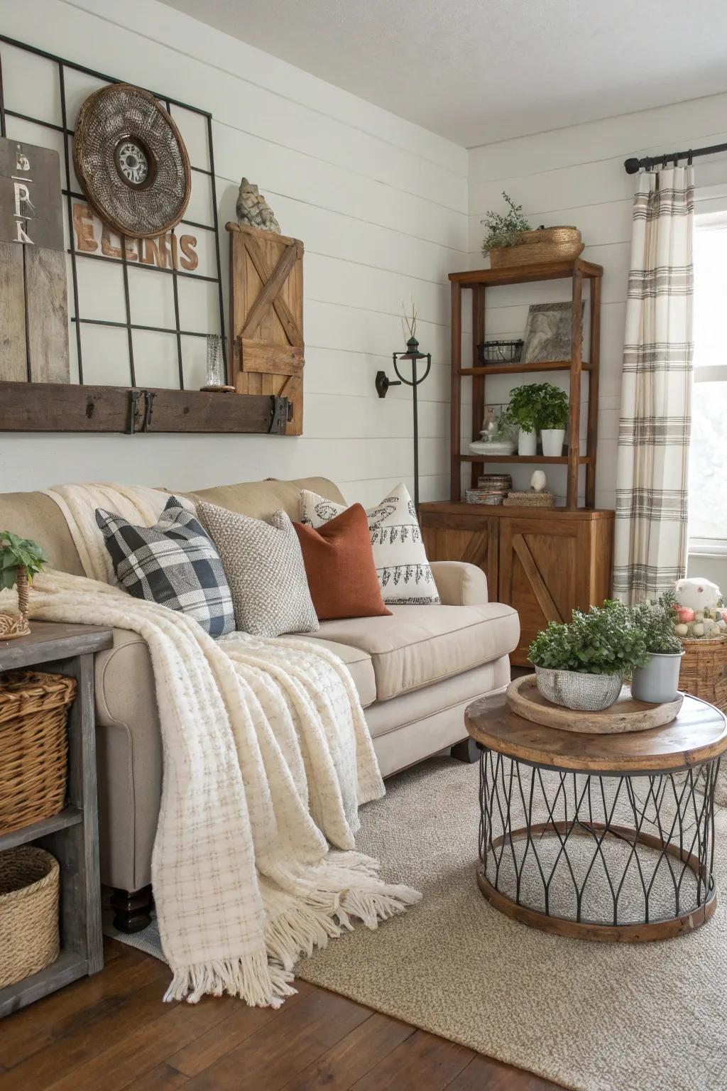 A blend of materials introduces dimension and intrigue to this farmhouse living area.