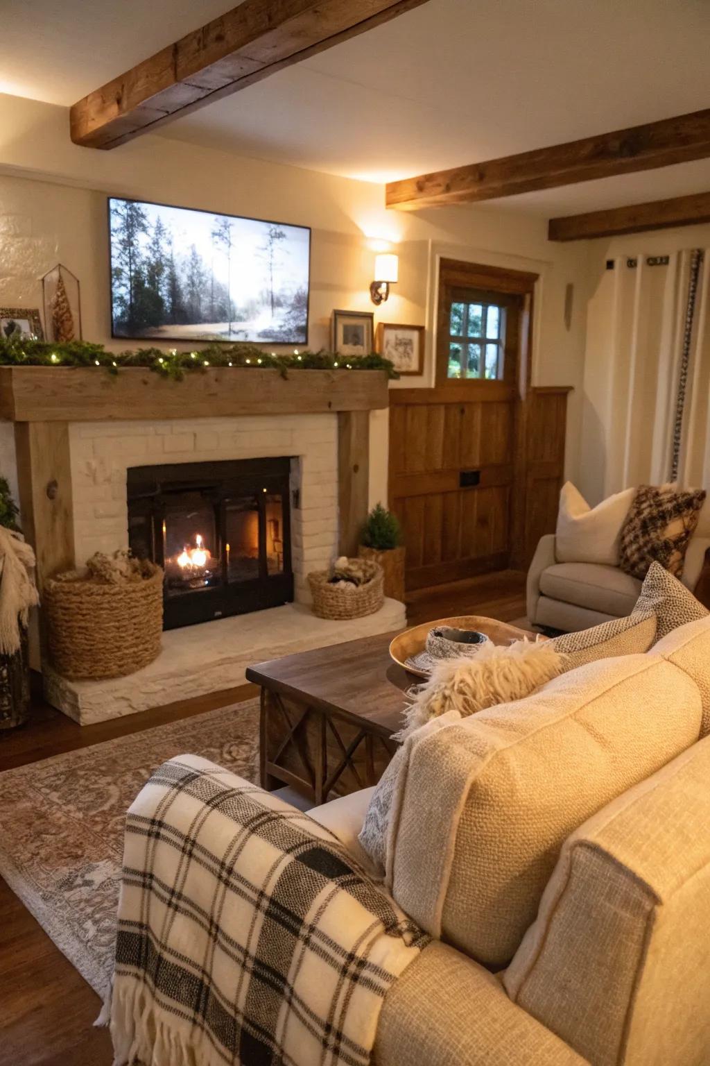 An inviting farmhouse parlor with a TV above the mantel, accented by comfortable textiles.