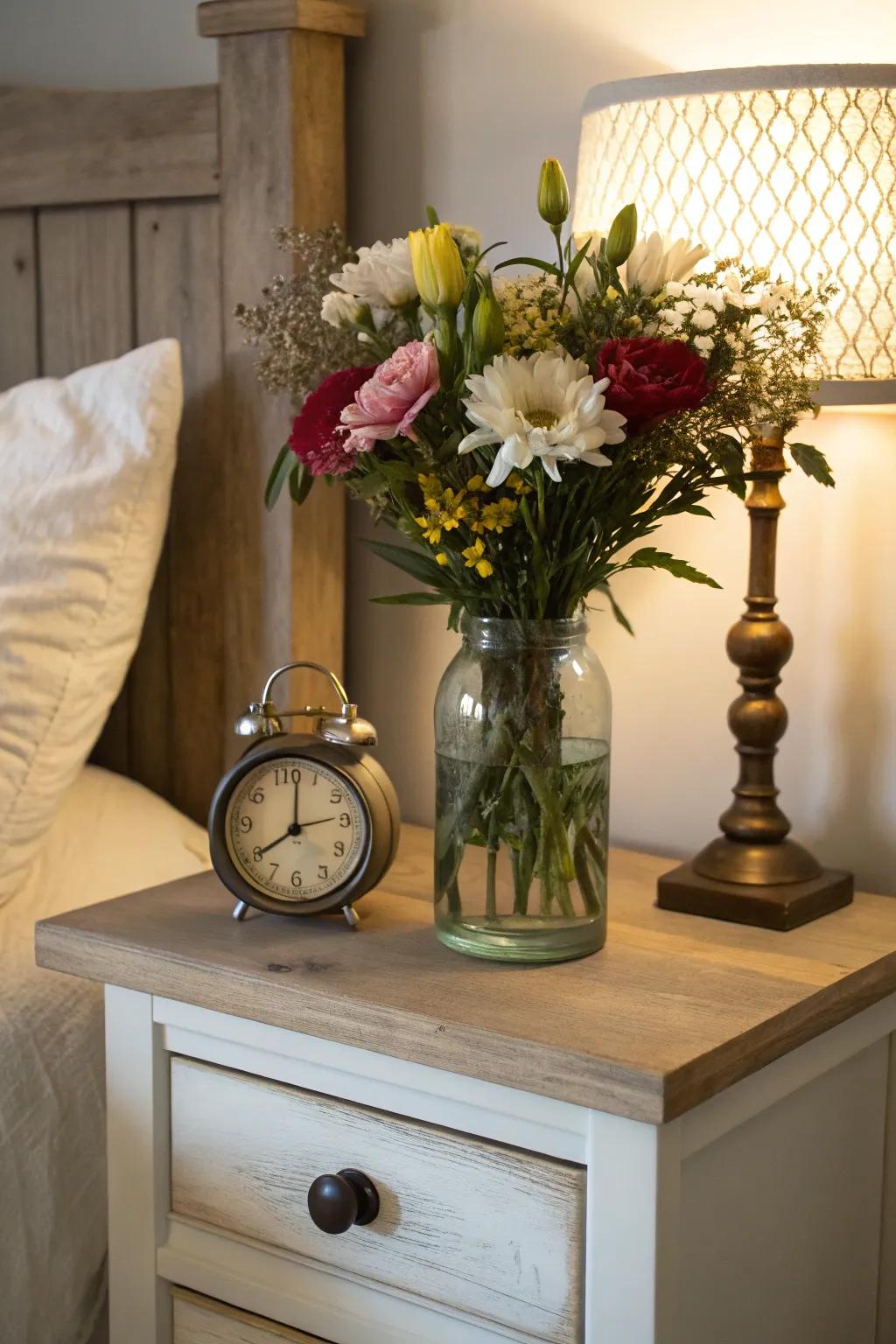 Rustic accents enhance the farmhouse charm.