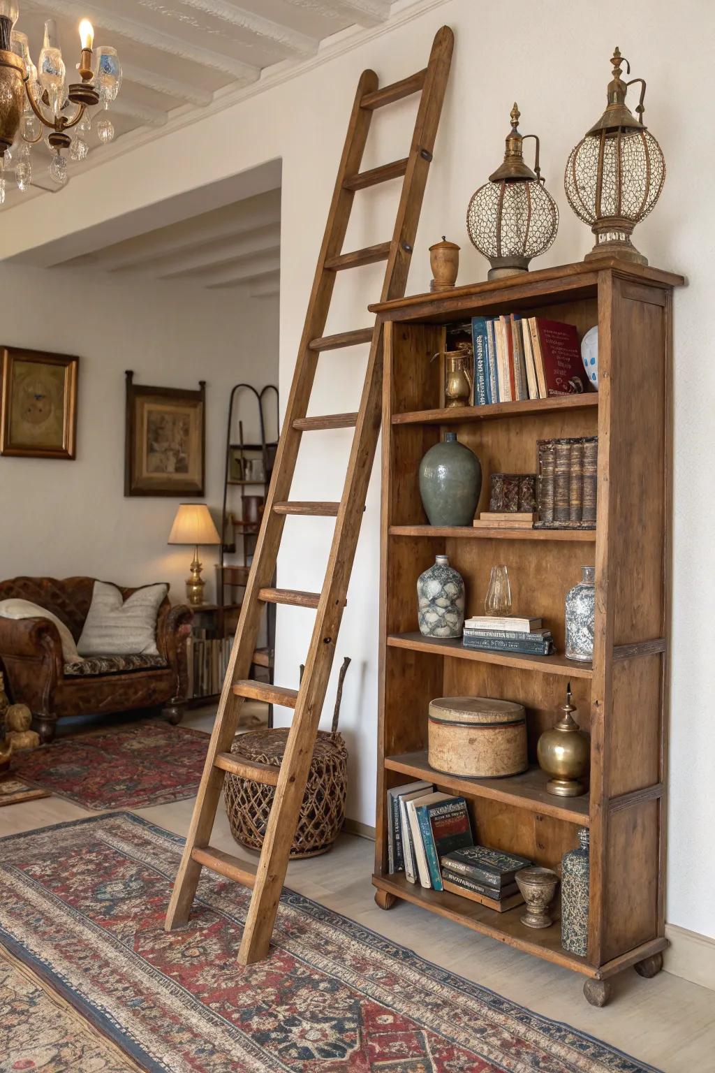 A diverse collection of antiques beautifully displayed on a rustic ladder