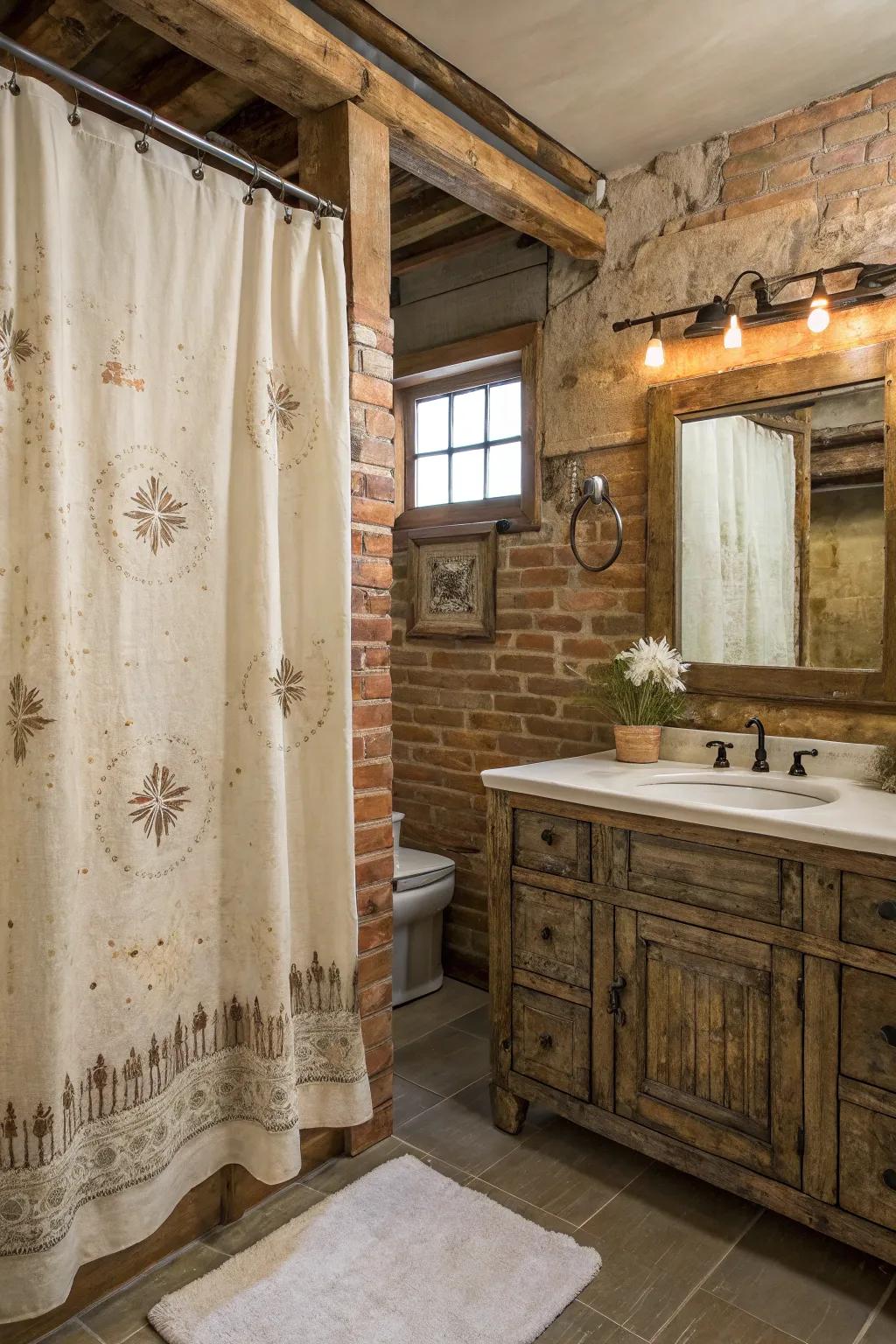 A bathroom featuring a weathered texture shower curtain and rustic decor aspects.