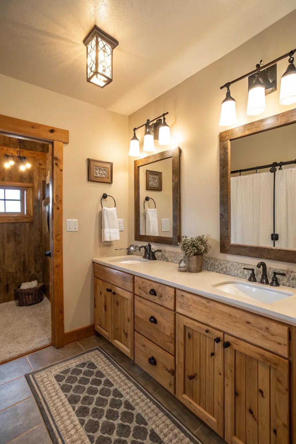 Farmhouse-style lighting brightens and enhances this bathroom.
