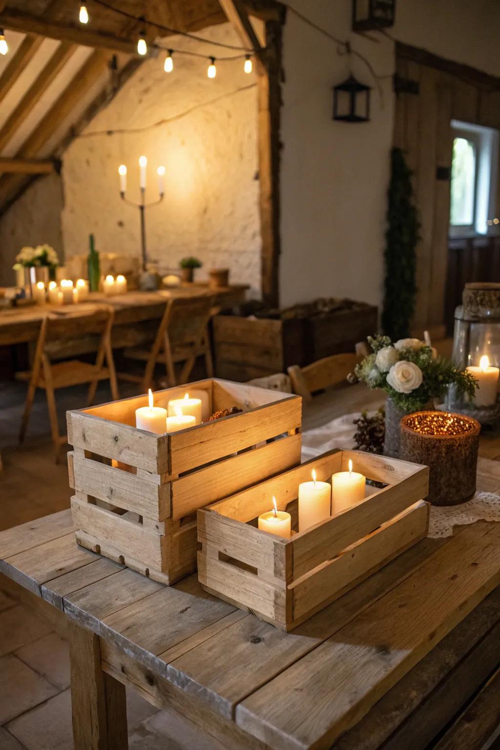 Wood cases filled with lights create an enchanting, countryside ambiance.
