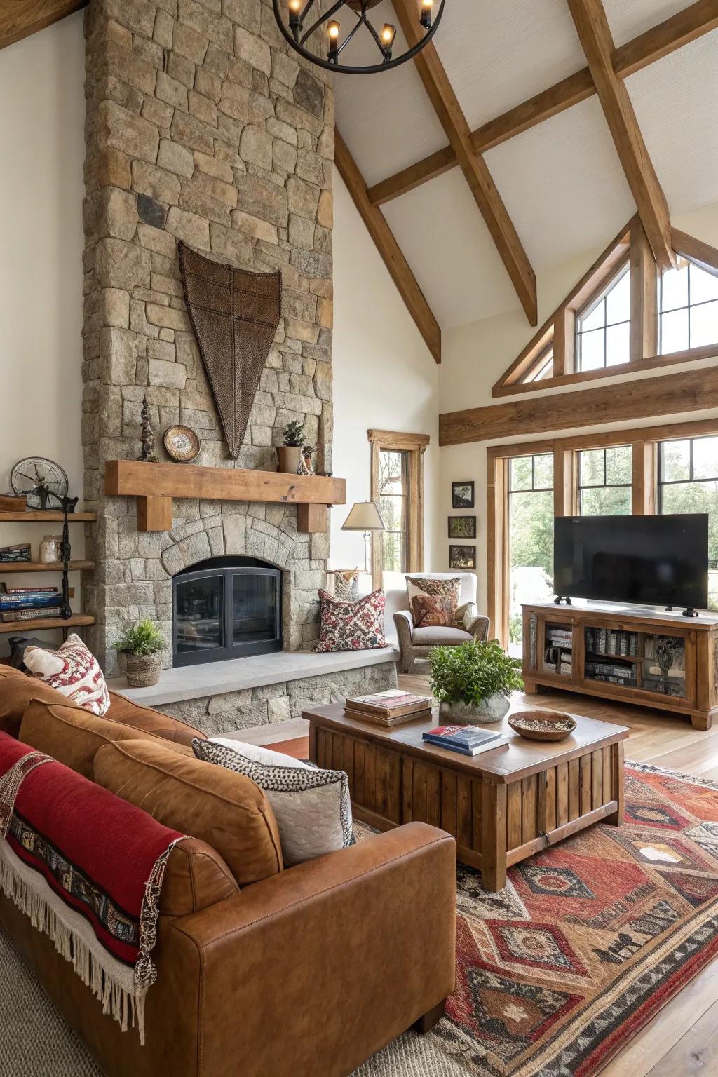 An eclectic blend of textures within a farmhouse living space.