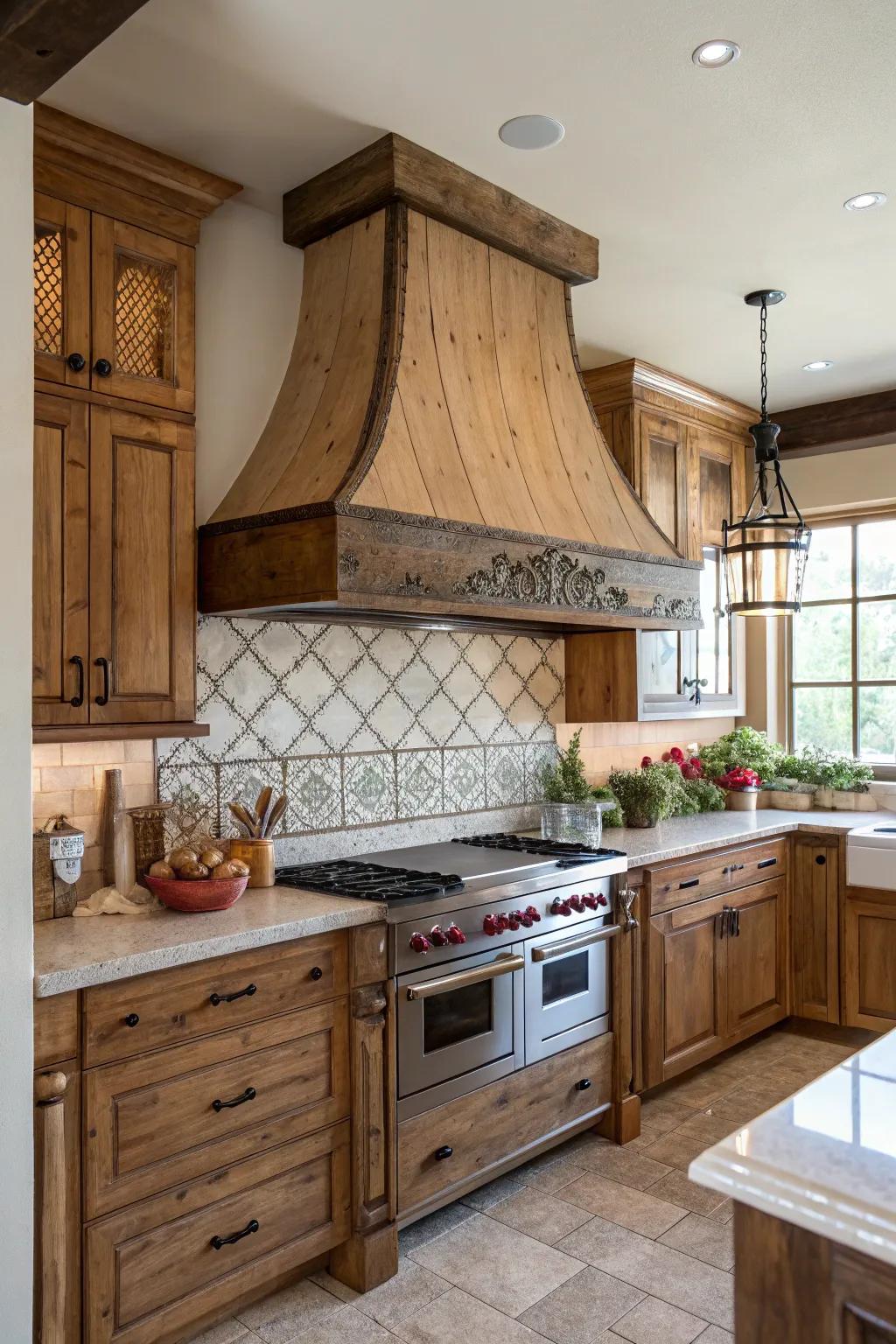 A rustic beam ventilator creates a bold highlight in the cooking area.
