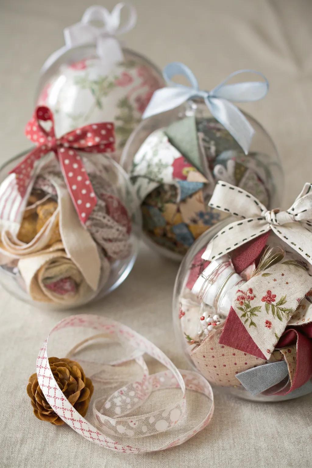 Ornaments teeming with fabric remnants and ribbons.