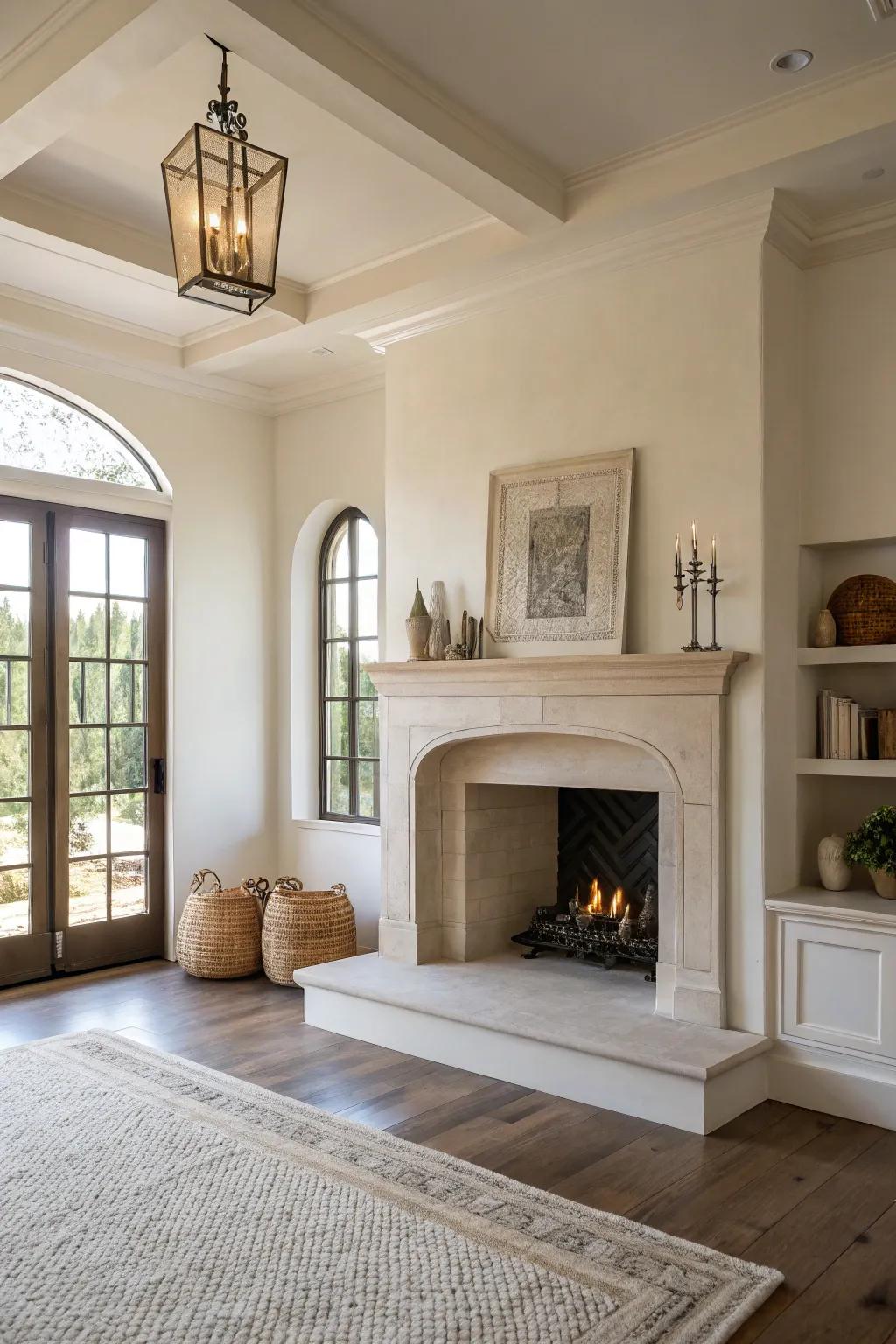 A subtle living area accentuating the structural elegance of the fireplace recess.
