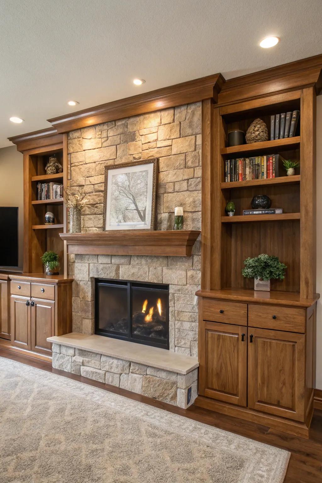 Functional storage solutions enhance the fireplace design.