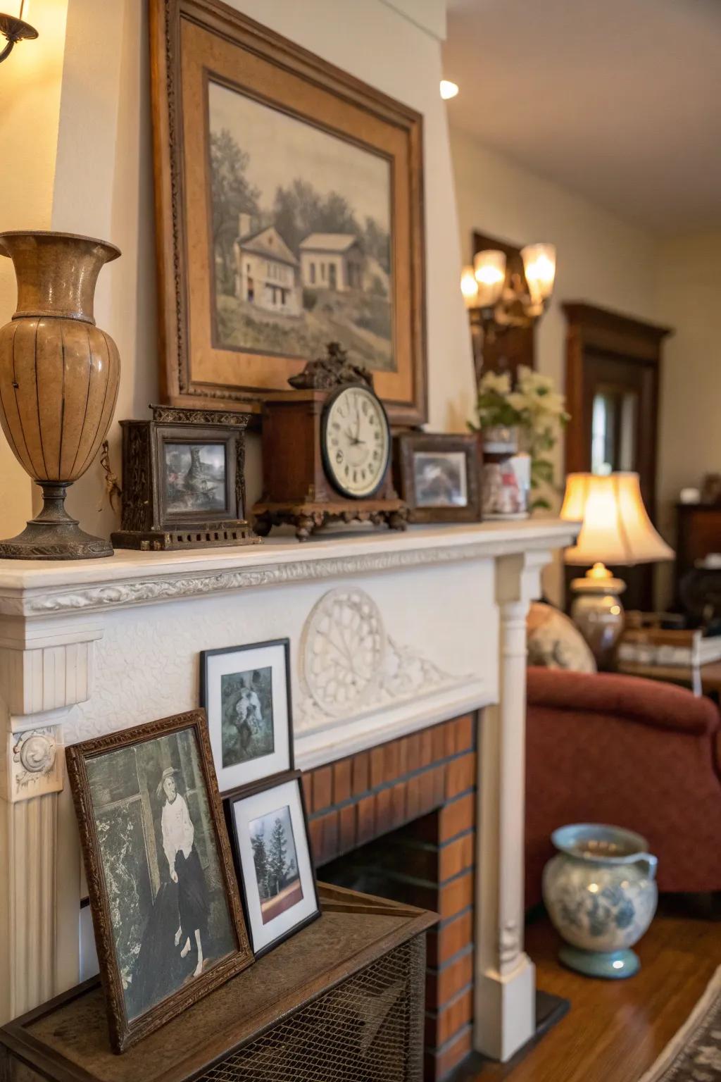 A time-honored mantel injects historical charm into the fireplace.