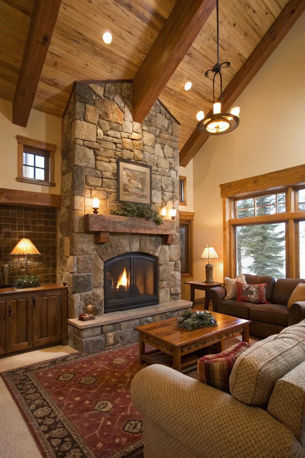 A rustic living space with a central fireplace showcasing natural wood and stone materials.