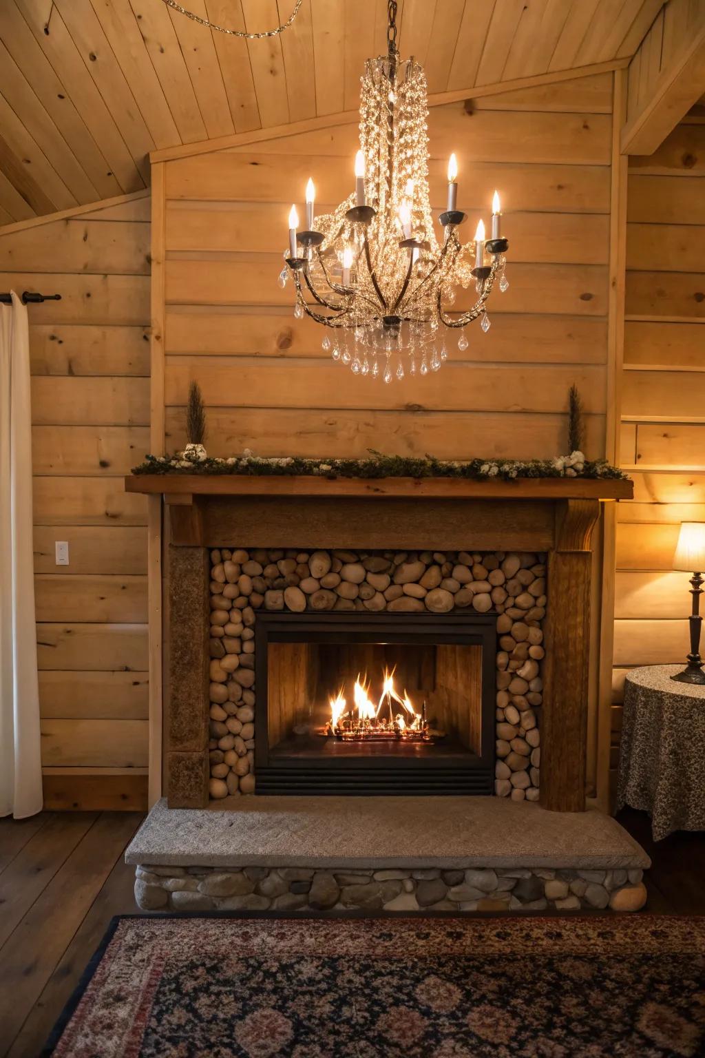 A chandelier contributes a dash of elegance to the fireplace setting.