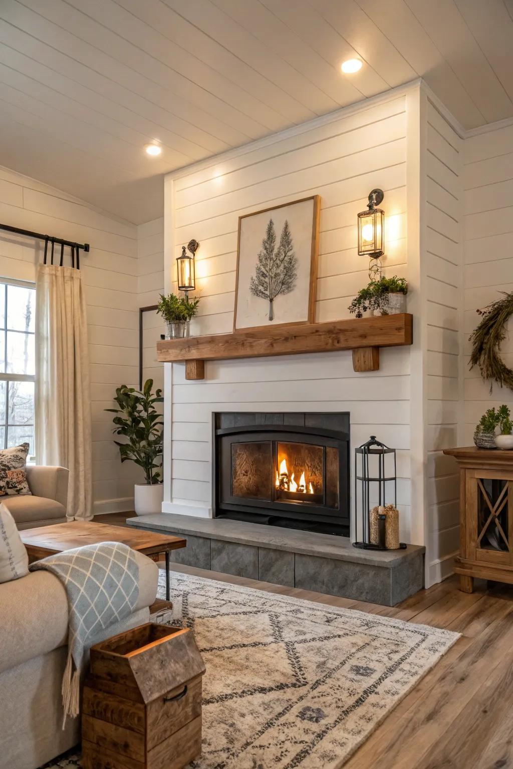 Grooved panel accents add countryside charm to this cozy fireplace.