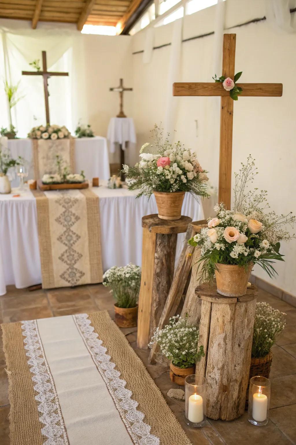 Rustic wooden elements add charm and warmth to the overall decor.