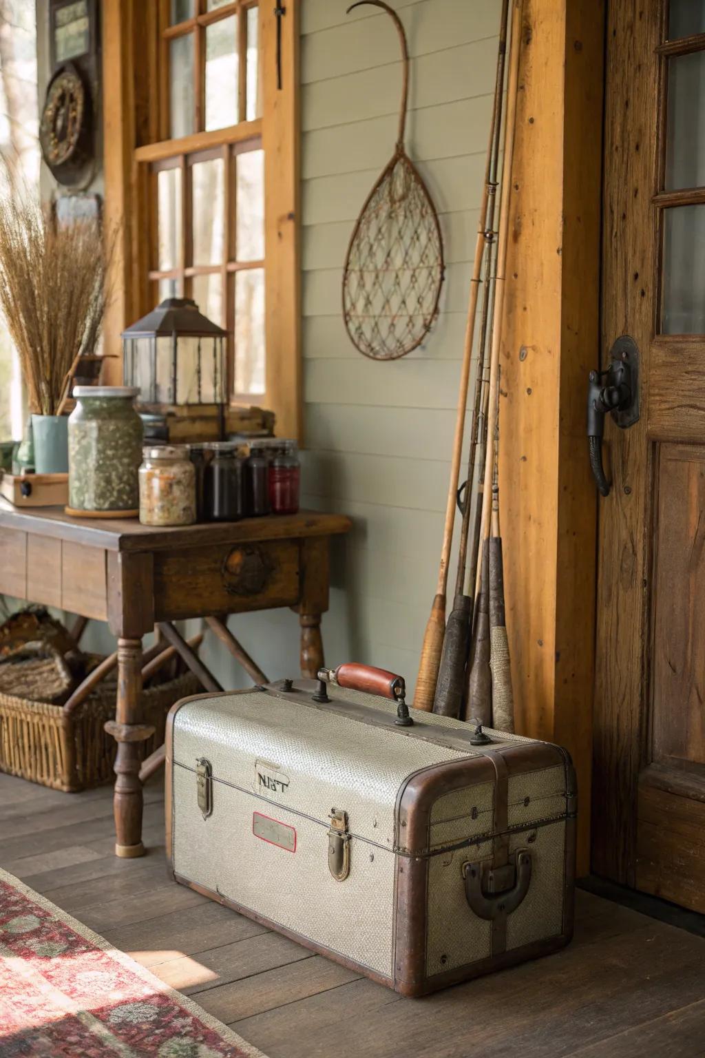 Vintage fishing boxes provide unique storage solutions.