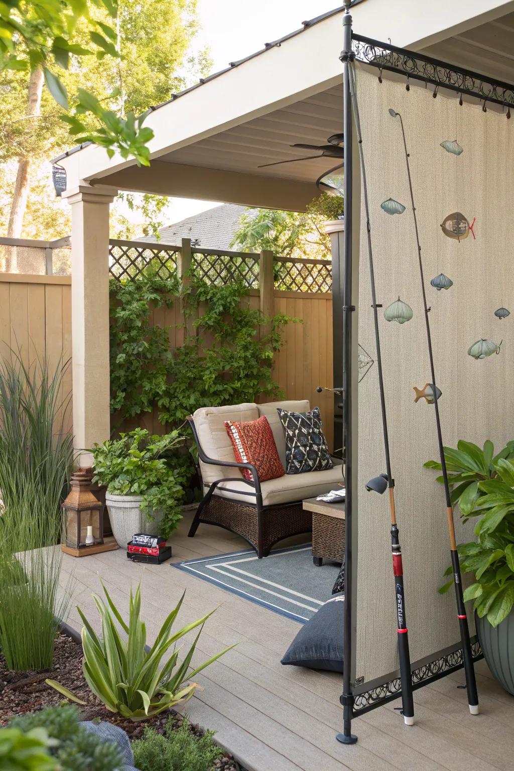 Angling poles construct a delightful and functional terrace privacy feature.