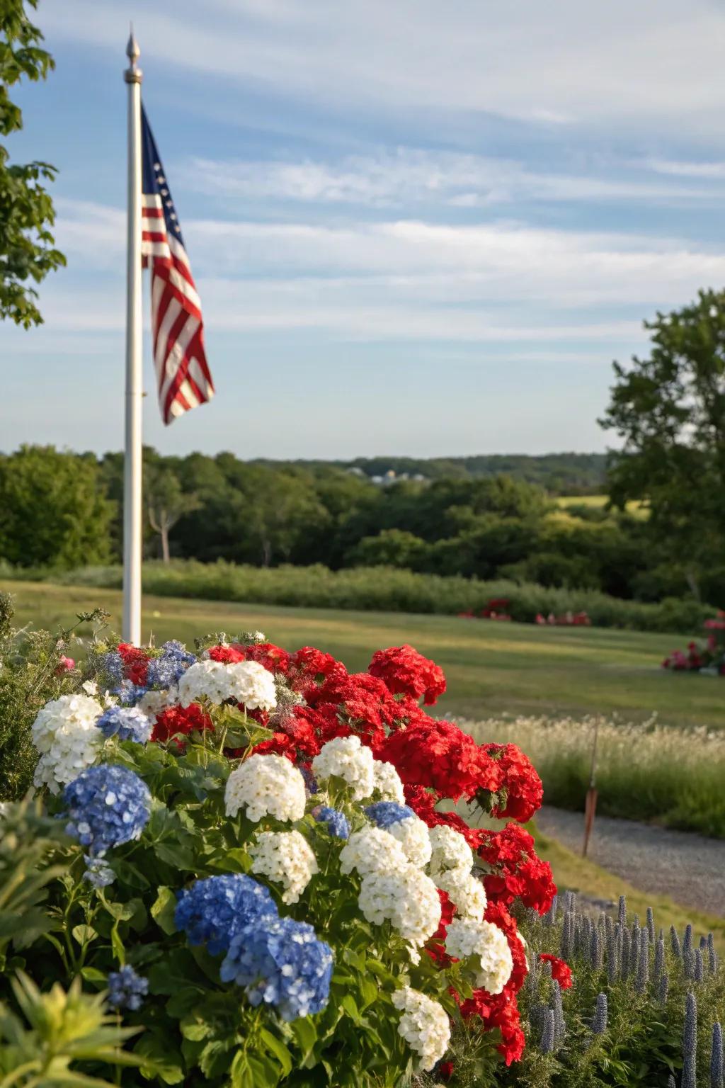 Coordinated hues around a flagpole create a harmonious visual.