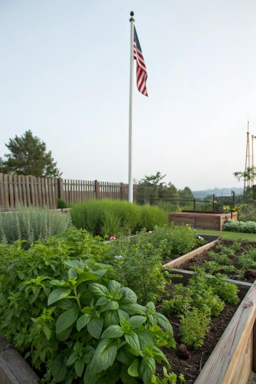 Spice gardens contribute scent and function to flagpole landscaping.