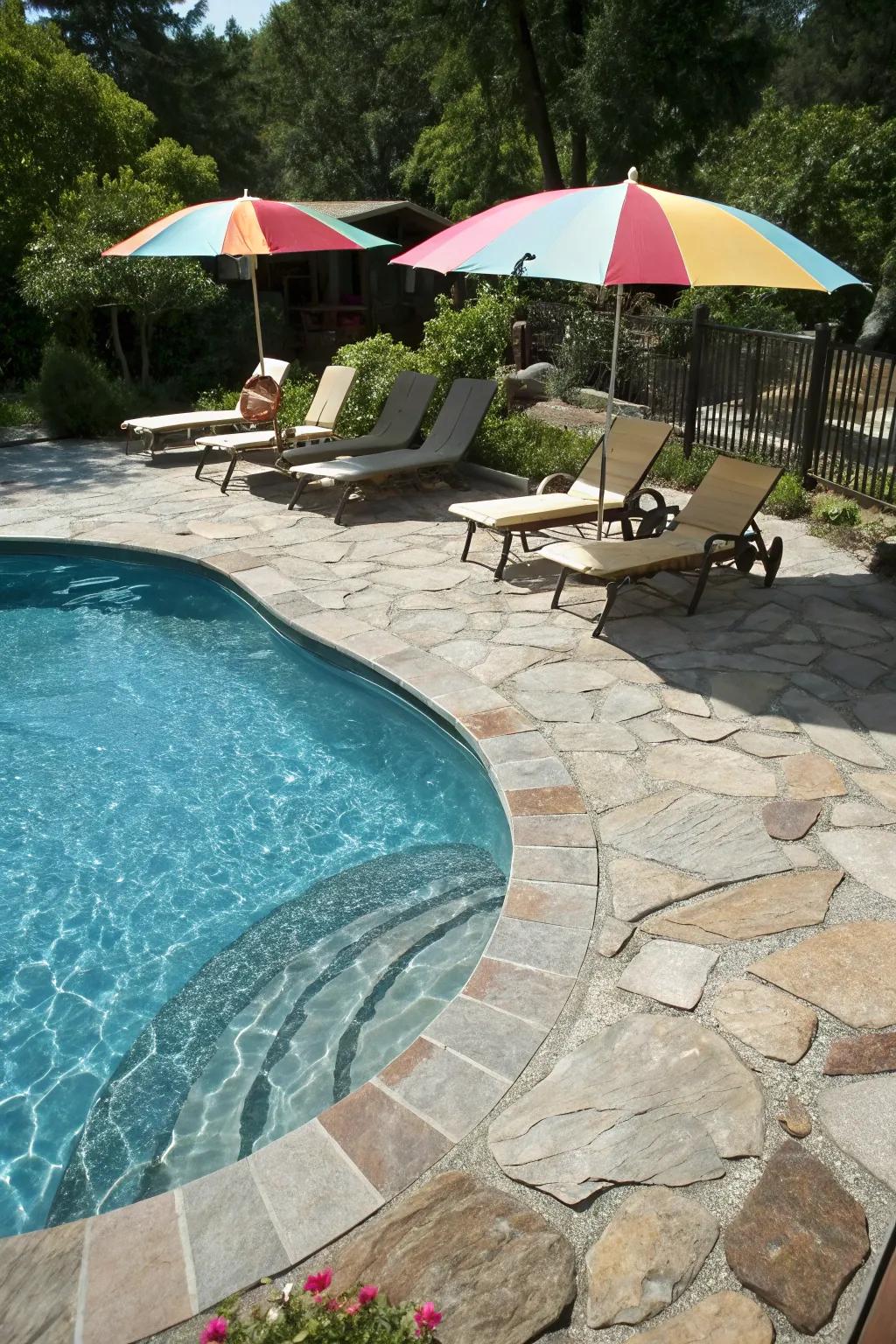 A flagstone pool walkway providing a fashionable and safe surface.