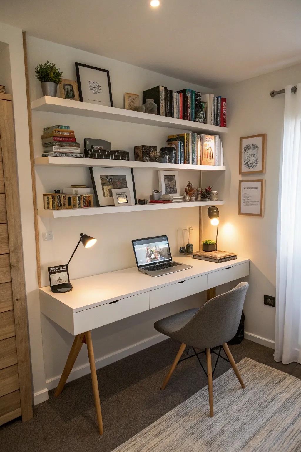 A floating desk matched with shelves creates a seamless workspace.