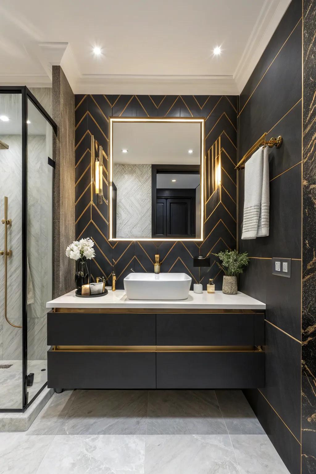 A bathroom showcasing a floating vanity with a striking dark and light color scheme.