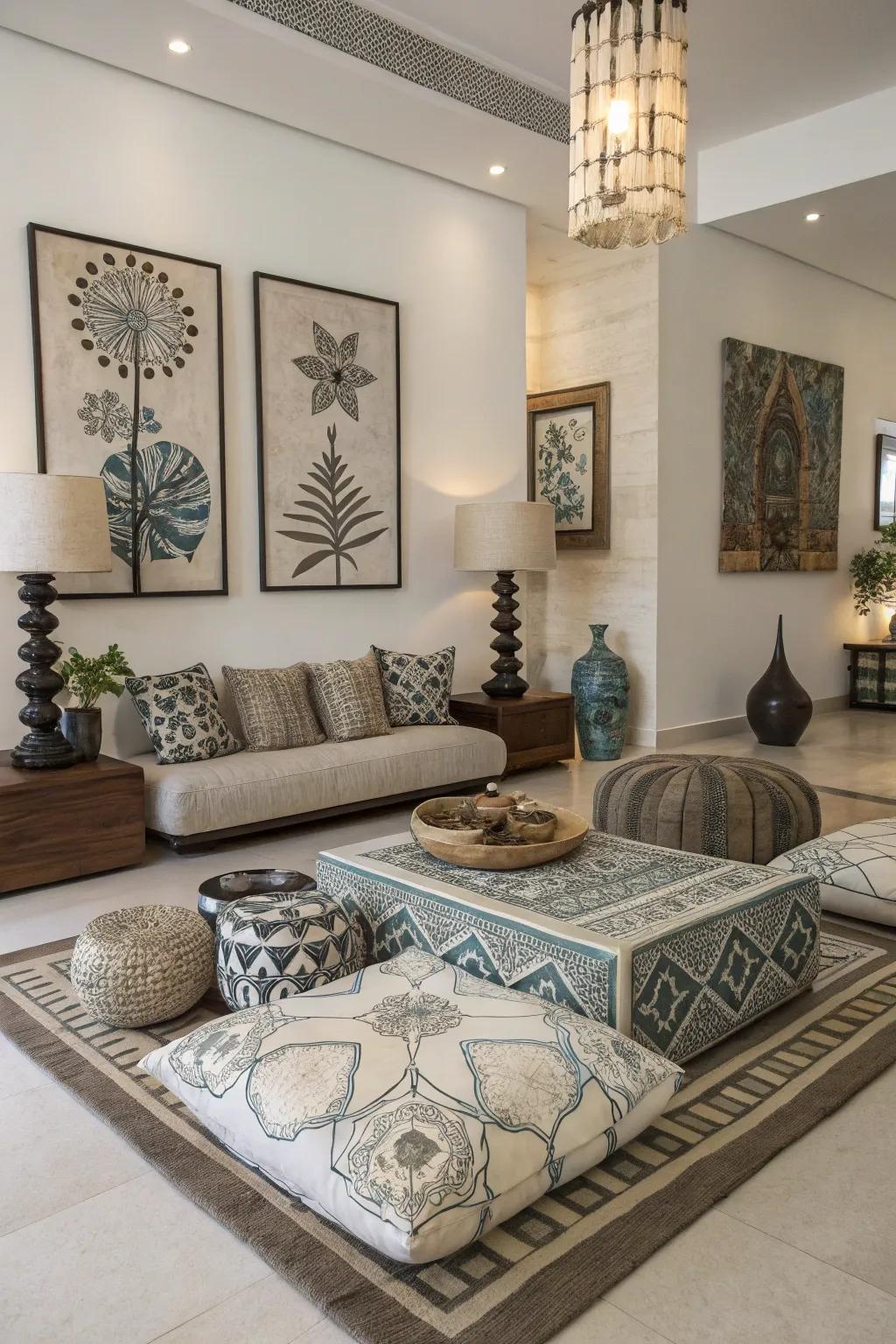 Artistic elements offer distinctive character to floor seating.