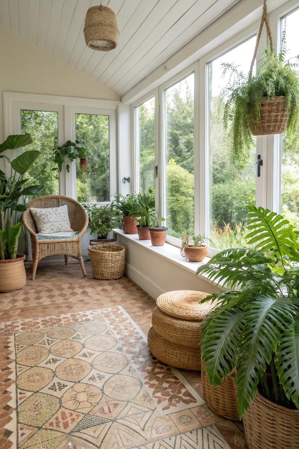 Eco-conscious sunroom featuring pressed sheet flooring.