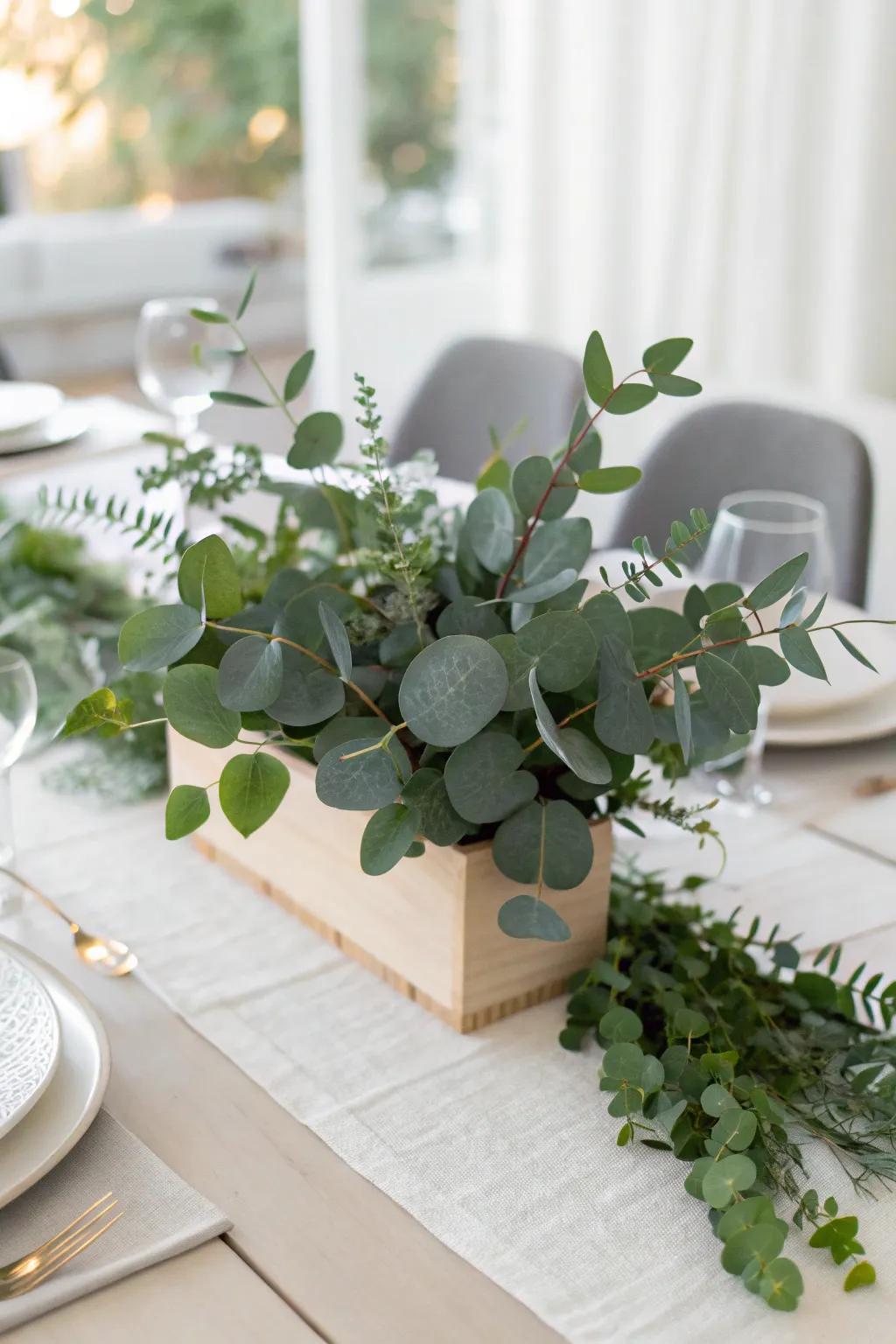 Elegant minimalist greenery centerpiece, perfect for a clean and sophisticated appearance.