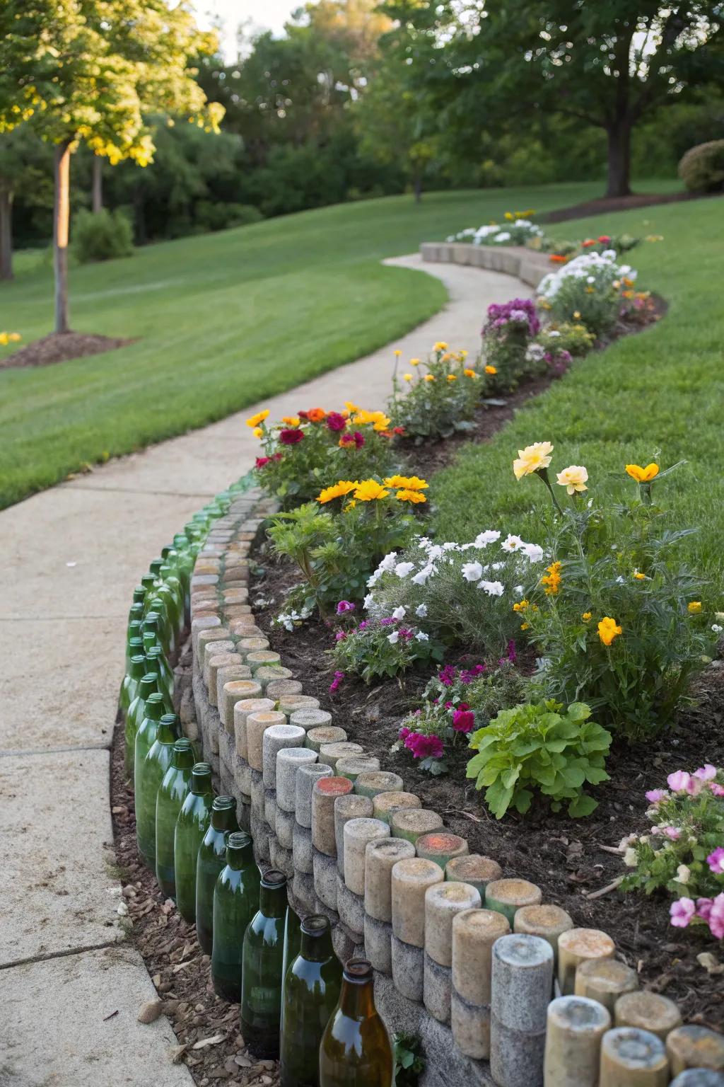 Reclaimed glass bottles fashion an imaginative and colorful border for the flower bed.