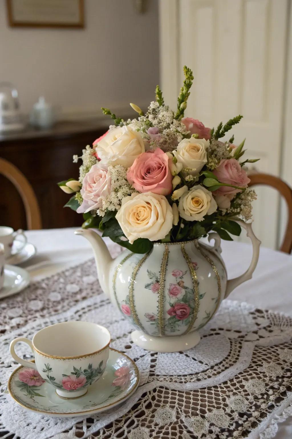 A vintage arrangement in a teapot adds a nostalgic touch to a dining table.