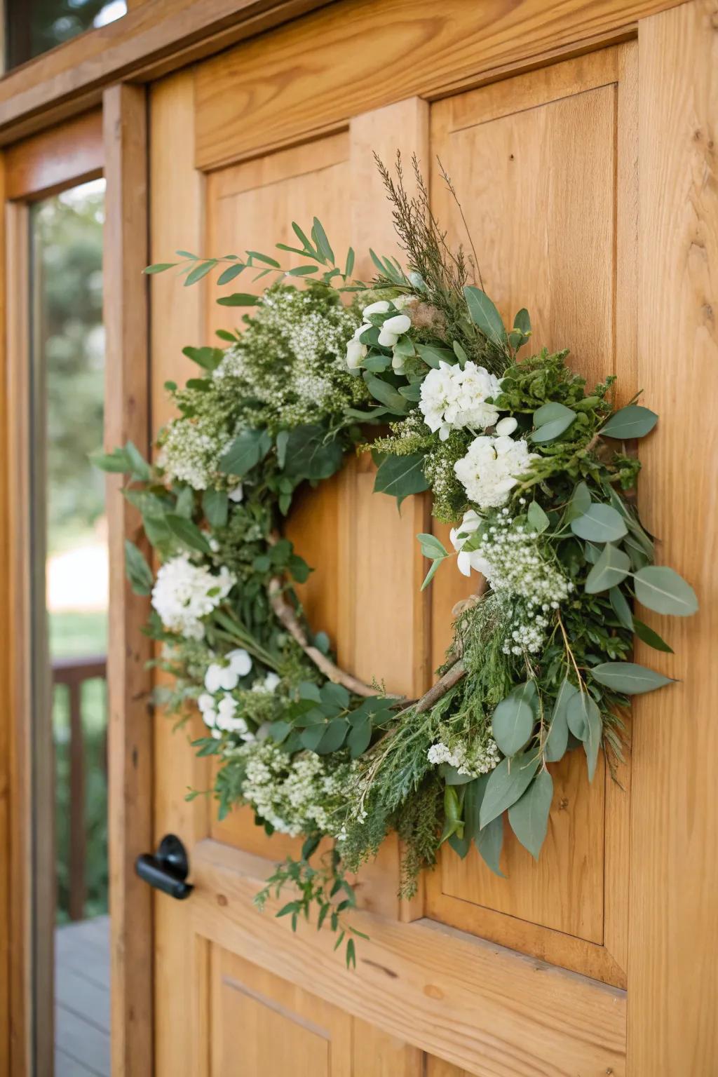 A wintery ivory ringlet presenting seasonal allure atop the front door.