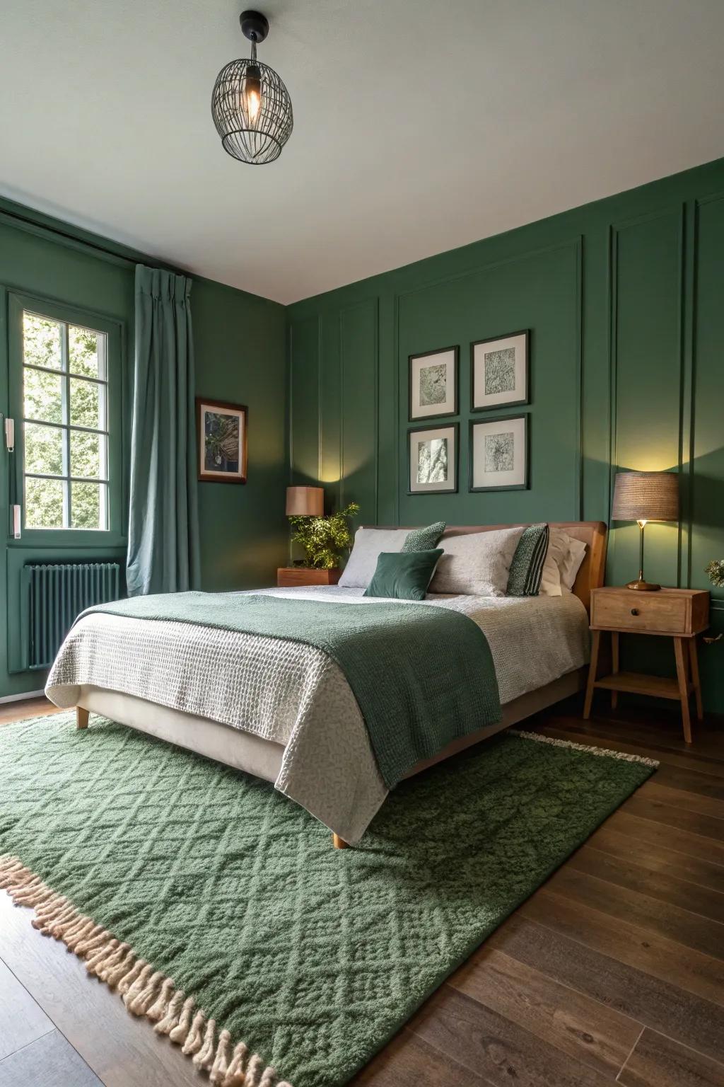 A textured green floor covering adds warmth and sets the space.