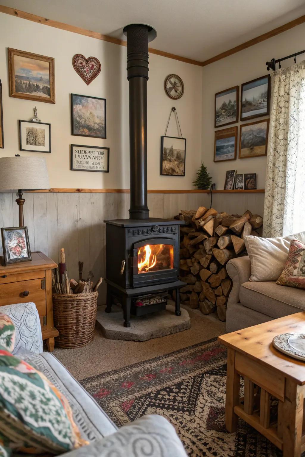 The stove's visual attractiveness is enhanced by artwork and décor.
