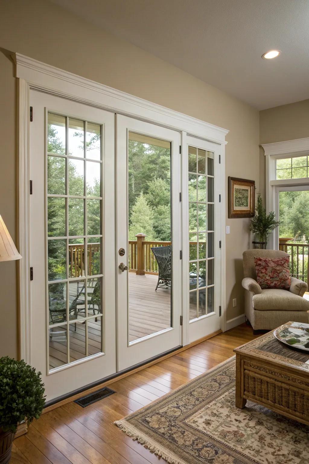 Multiple French doors create a dramatic appearance.